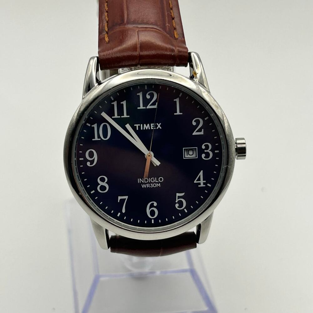Timex Easy Reader Silver Case Blue Dial Indiglo Men’s Watch Working New Battery